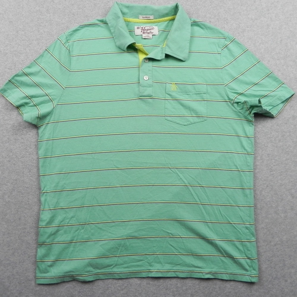 Penguin Polo Shirt Mens Large Classic Fit Pocket Green Striped Short Sleeve